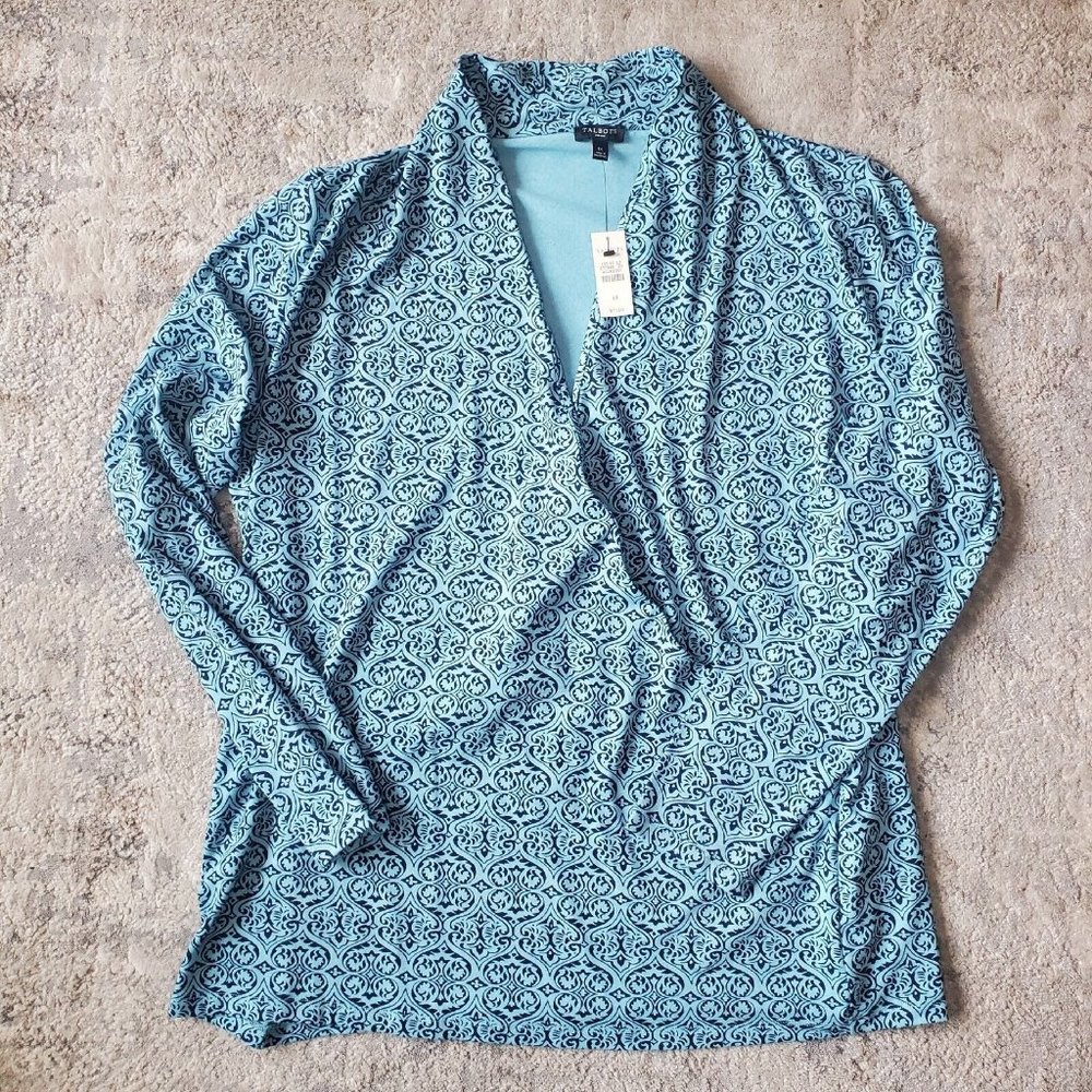 NWT Talbots Size 1X Blue Damask Print Long Sleeve Faux Wrap Blouse Top